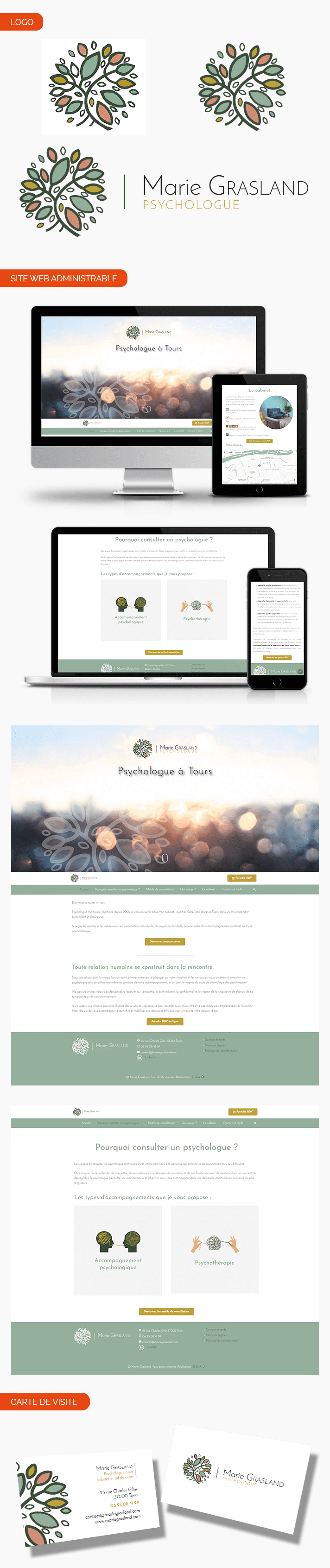 Aperçu site internet, vectorisation de logo et carte de visite pour Marie Grasland.