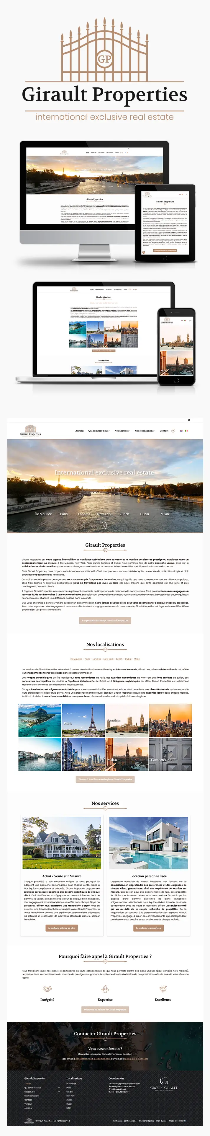 Présentation du site internet de Girault properties avec différentes tailles d'écrans